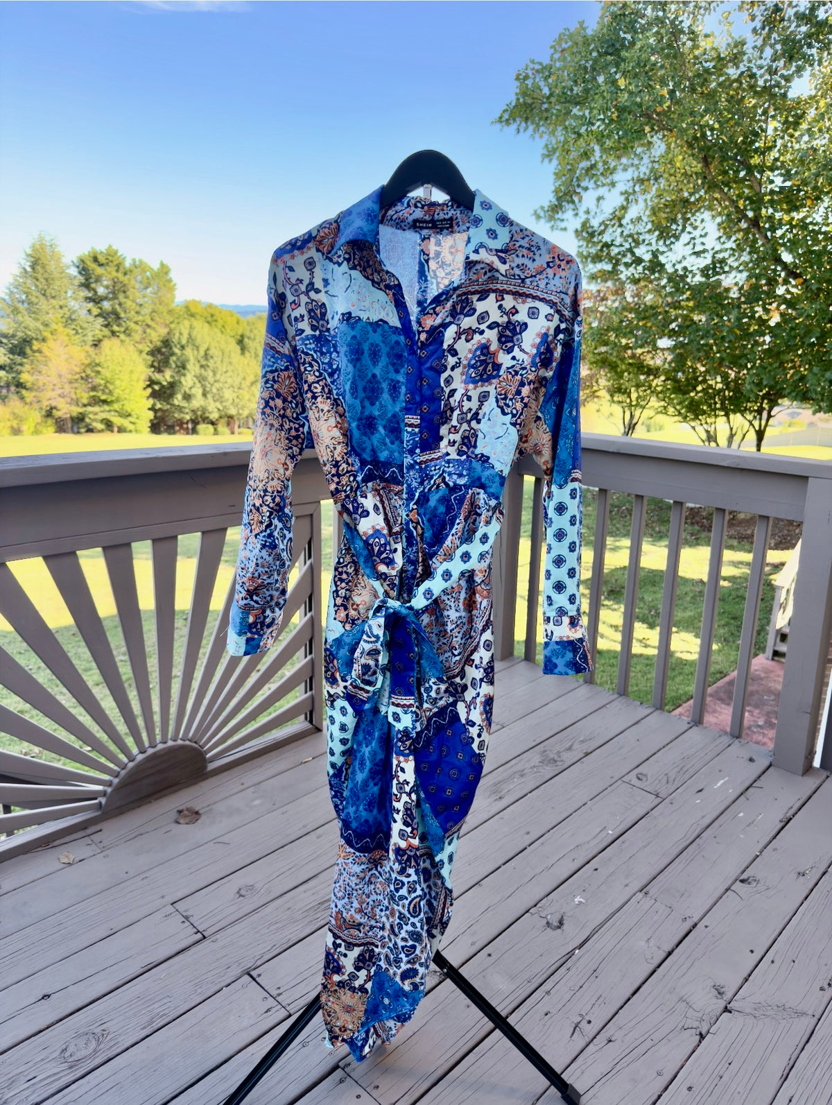 Blue Paisley Tie-Waist Midi Dress