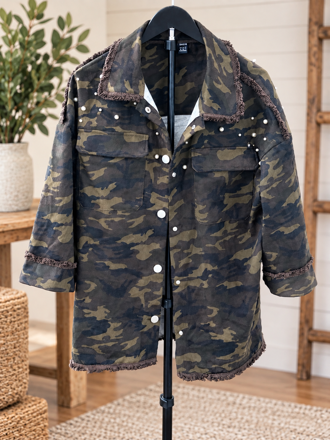 SHEIN Pearl-Studded Camo Utility Jacket - Size Medium 🤎