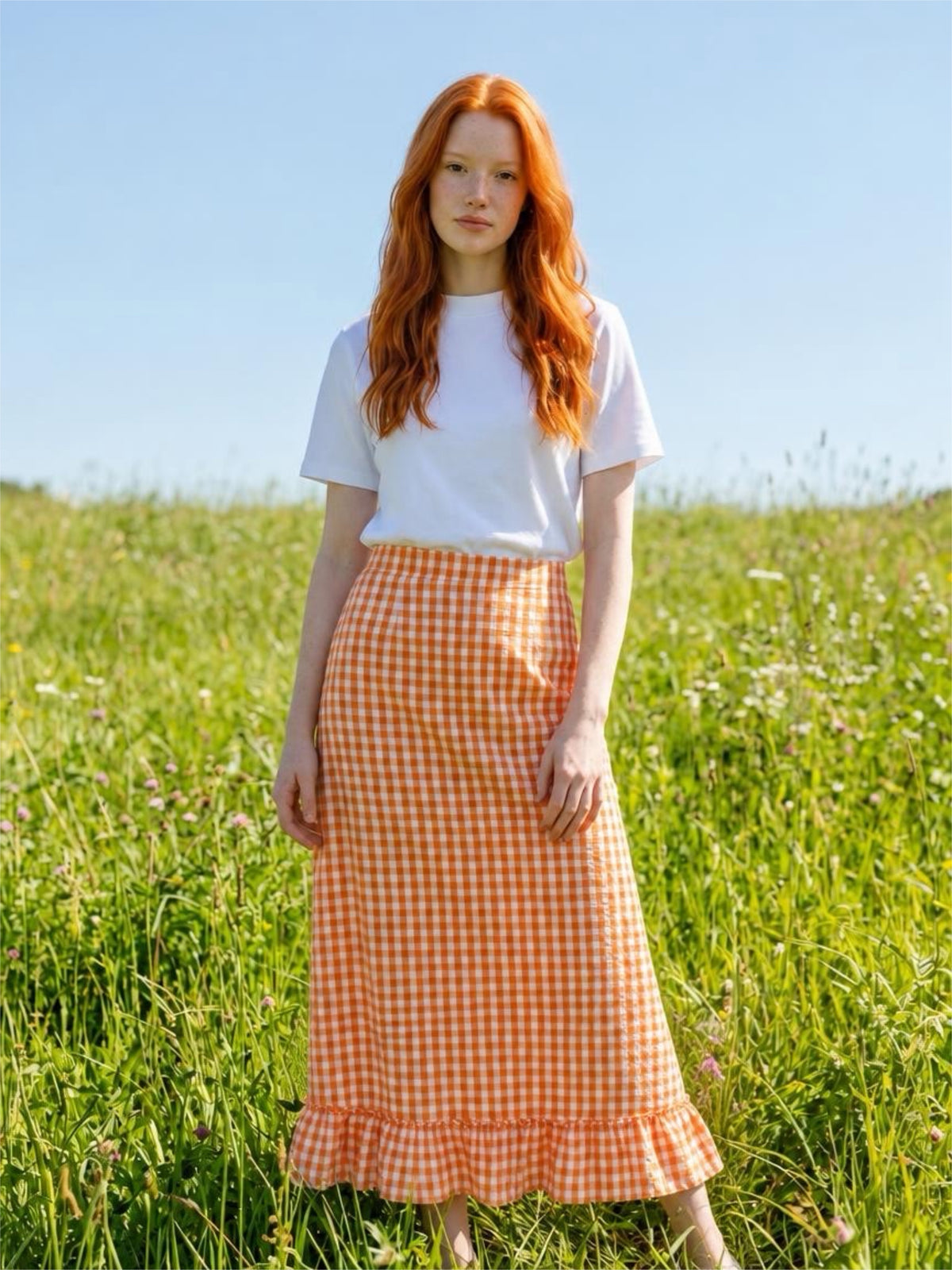 Orange Gingham Ruffle Maxi Skirt