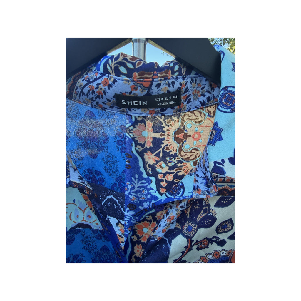 Blue Paisley Tie-Waist Midi Dress